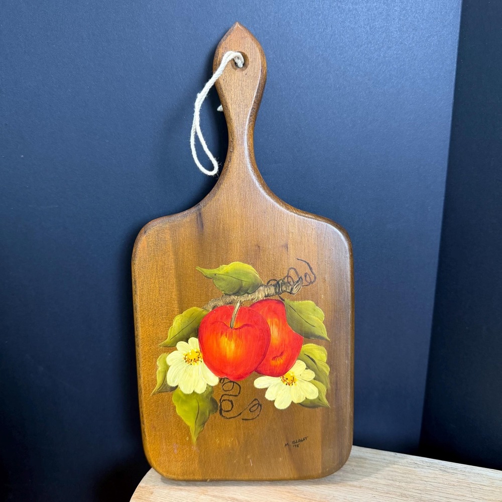 Hand Painted Apple Cutting Board Wall Decor Signed 1975 Wooden Vintage Farmhouse